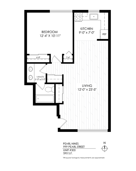 Floor plan of a property with a bedroom, kitchen, and living room.
